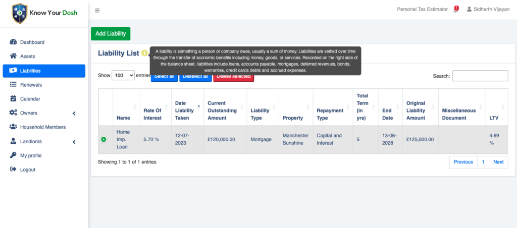 Know Your Dosh Liability Tracker