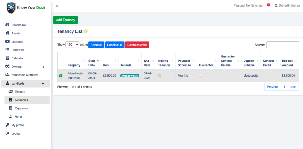 Tenancy Dashboard